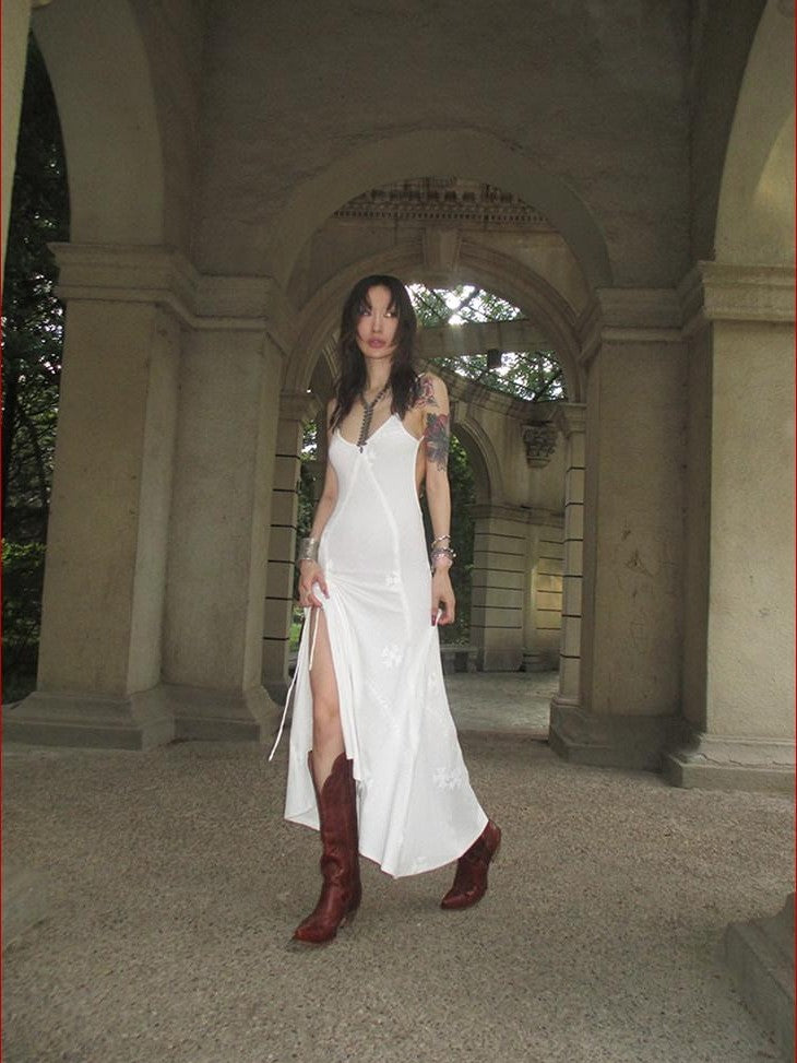 FOURFORTY Sweetheart Backless Strappy Women's Cotton Viscose Blend Slip Maxi Dresses