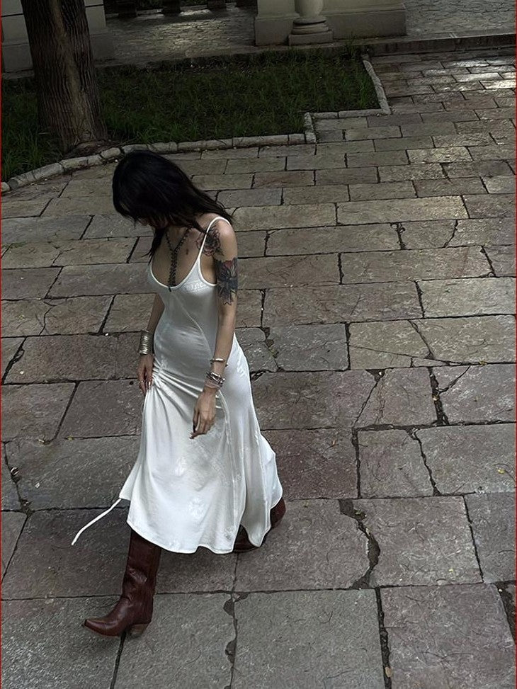 FOURFORTY Sweetheart Backless Strappy Women's Cotton Viscose Blend Slip Maxi Dresses