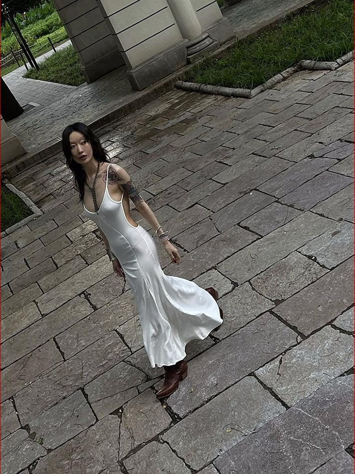 FOURFORTY Sweetheart Backless Strappy Women's Cotton Viscose Blend Slip Maxi Dresses