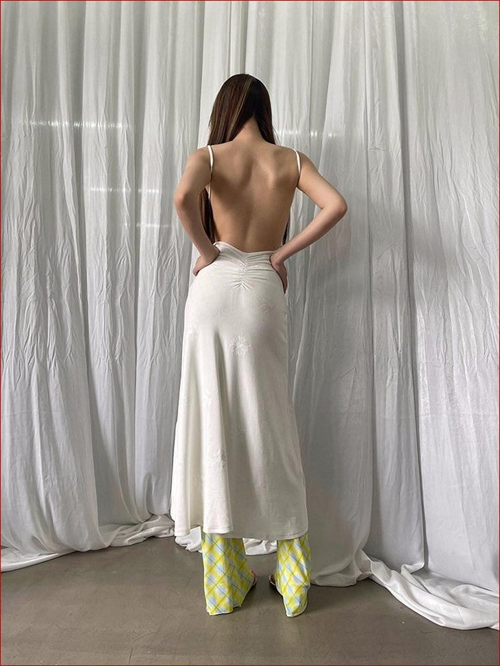 FOURFORTY Sweetheart Backless Strappy Women's Cotton Viscose Blend Slip Maxi Dresses