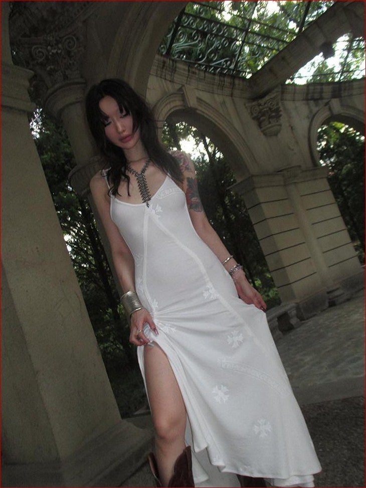 FOURFORTY Sweetheart Backless Strappy Women's Cotton Viscose Blend Slip Maxi Dresses