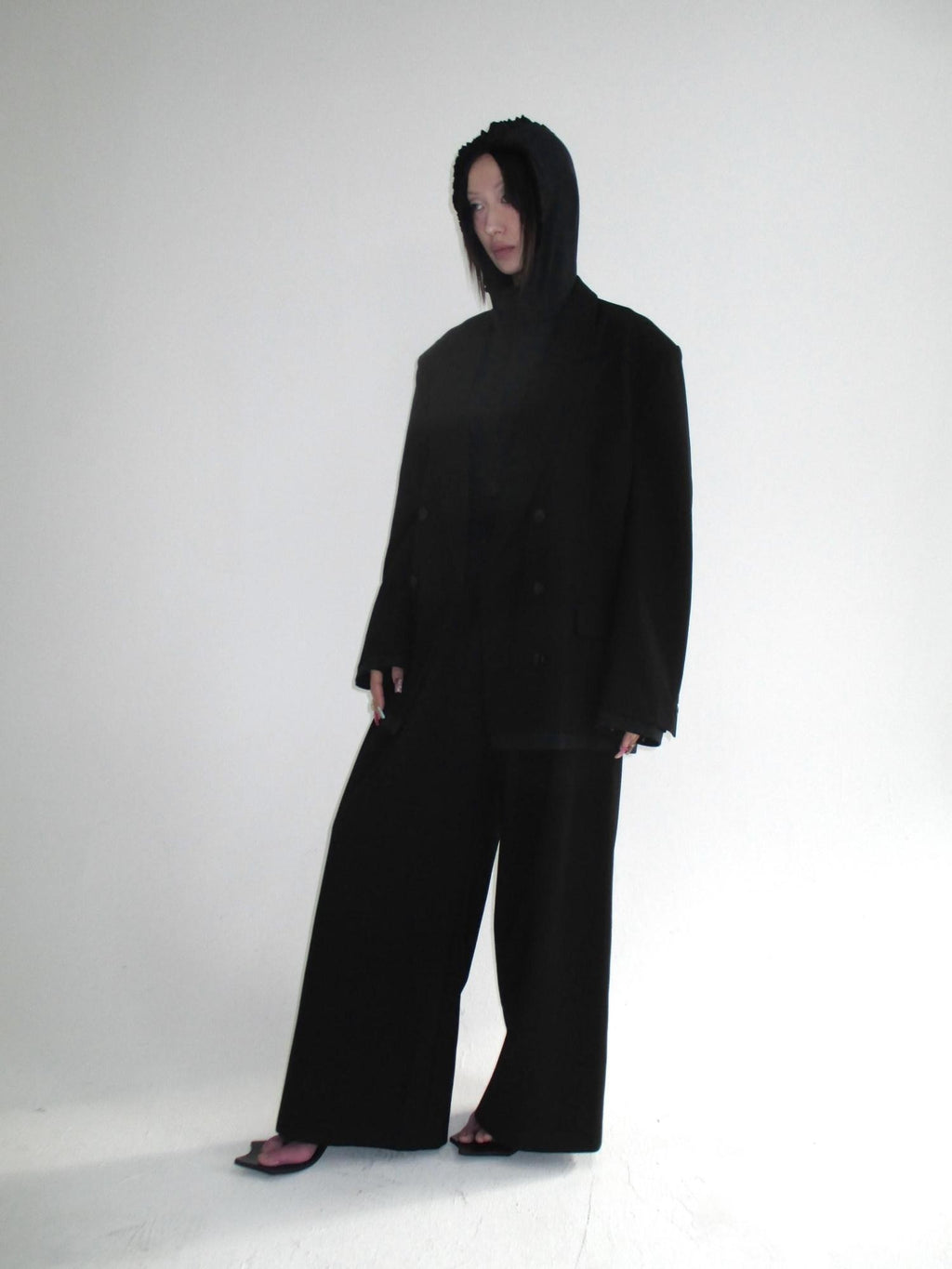 FOURFORTY Tee Hem Oversized Padded Shoulder Double Breasted Women's Wool Blend Blazers
