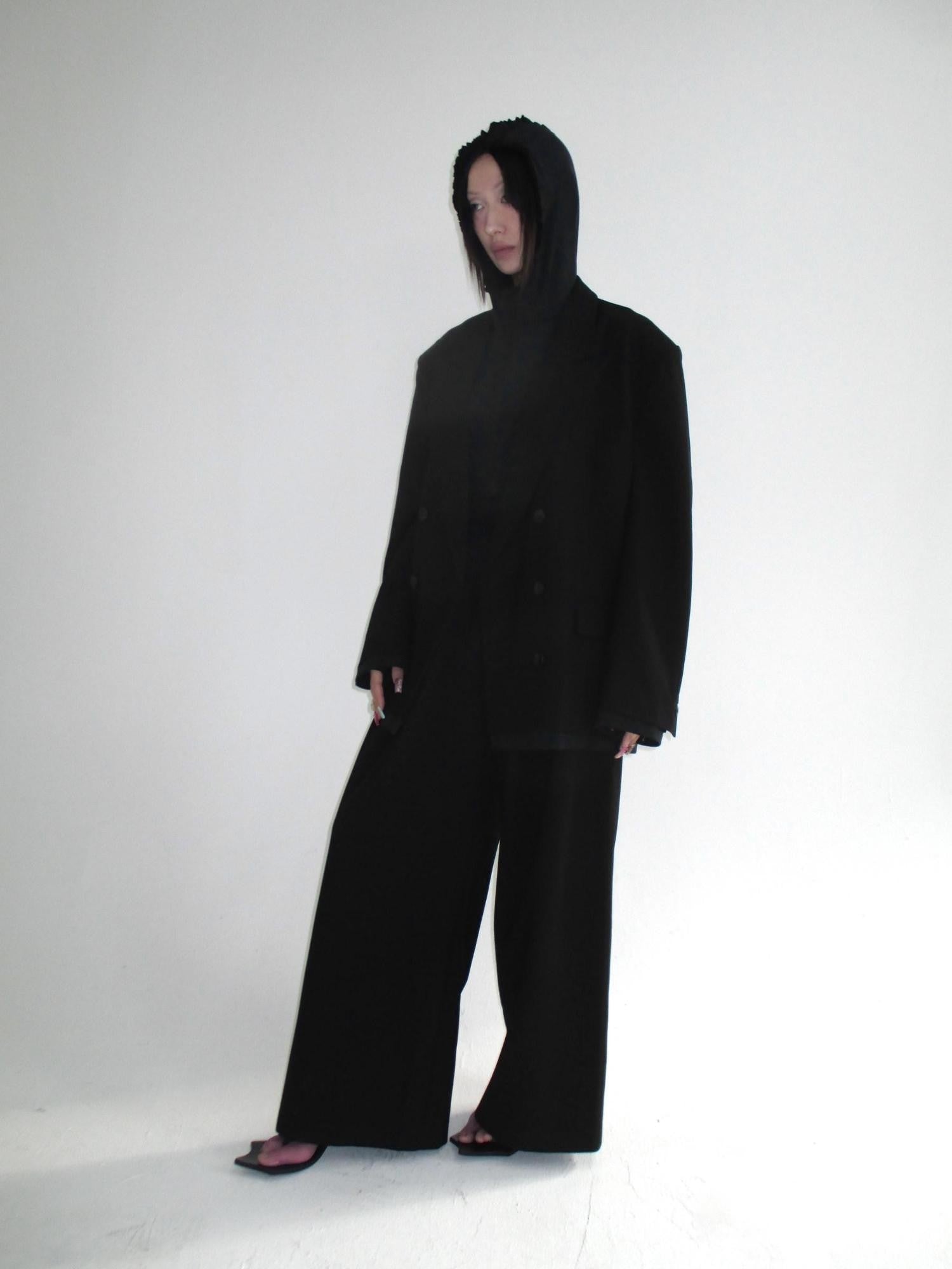 FOURFORTY Tee Hem Oversized Padded Shoulder Double Breasted Women's Wool Blend Blazers