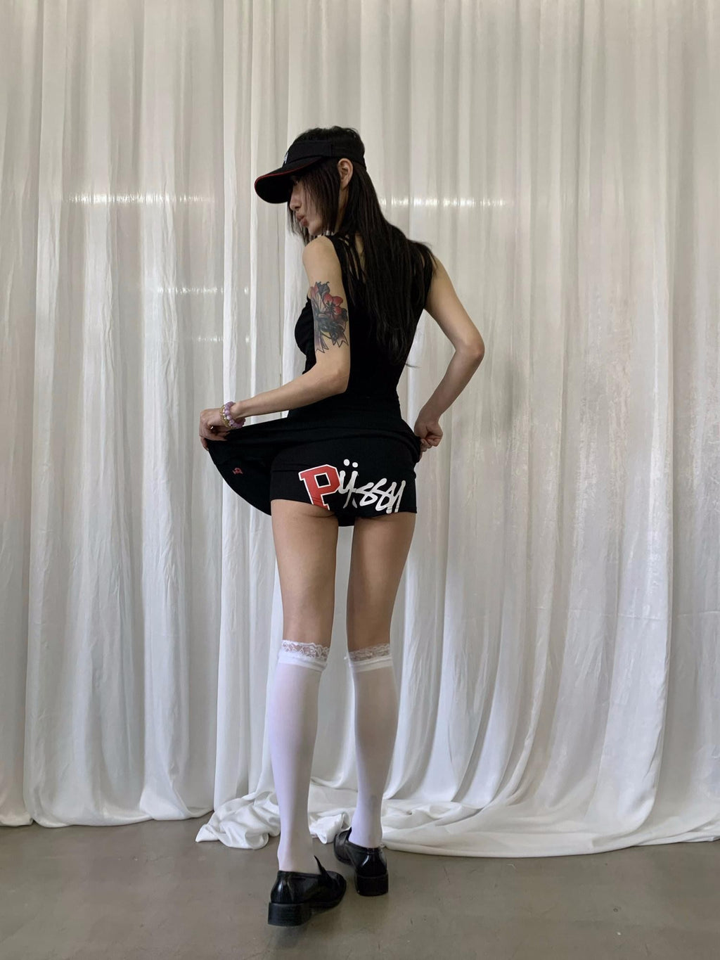 FOURFORTY Tennis A Line Mid Rise Women's Black Cotton Blend Athletic Shorts