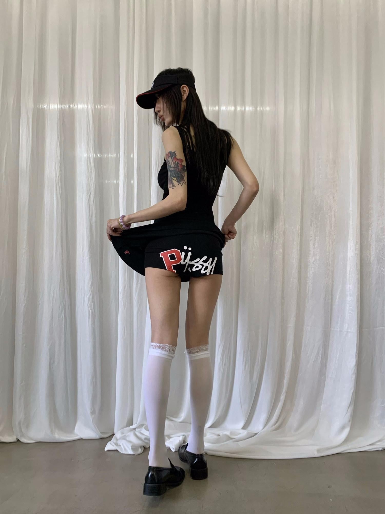 FOURFORTY Tennis A Line Mid Rise Women's Black Cotton Blend Athletic Shorts