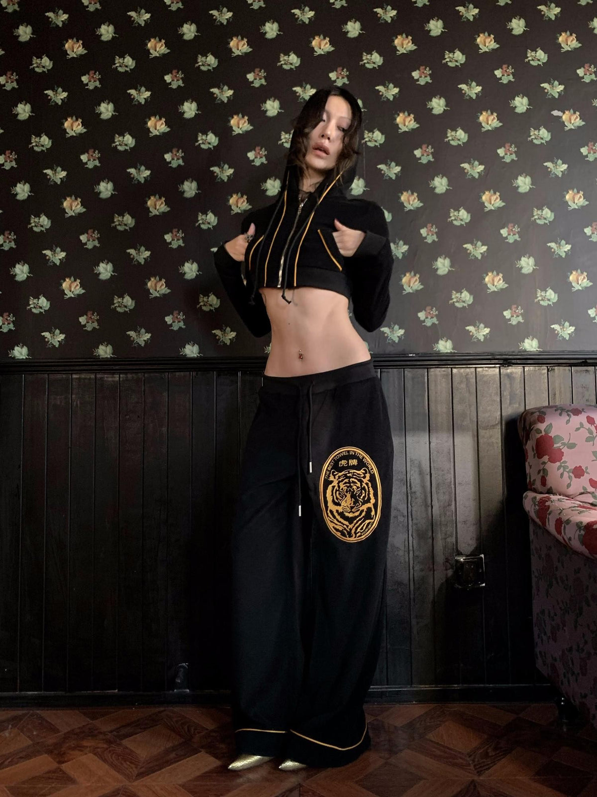 FOURFORTY Tiger Embroidered Terry Cloth Straight Leg Women's Cotton Blend Sweatpants