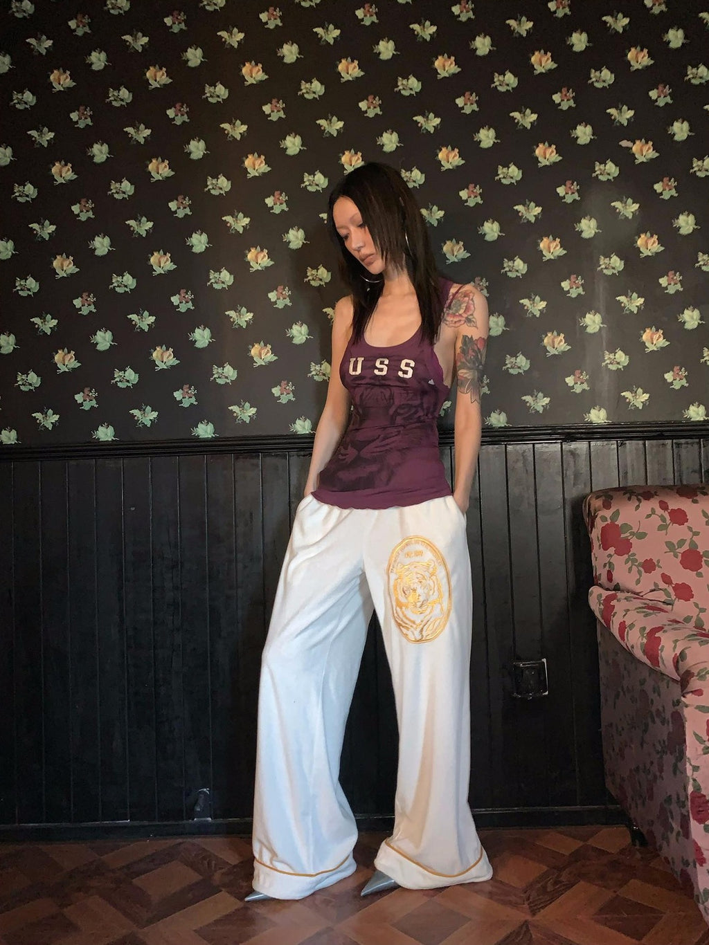 FOURFORTY Tiger Embroidered Terry Cloth Straight Leg Women's Cotton Blend Sweatpants