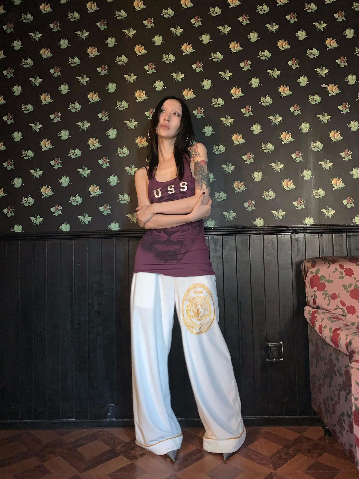 FOURFORTY Tiger Embroidered Terry Cloth Straight Leg Women's Cotton Blend Sweatpants