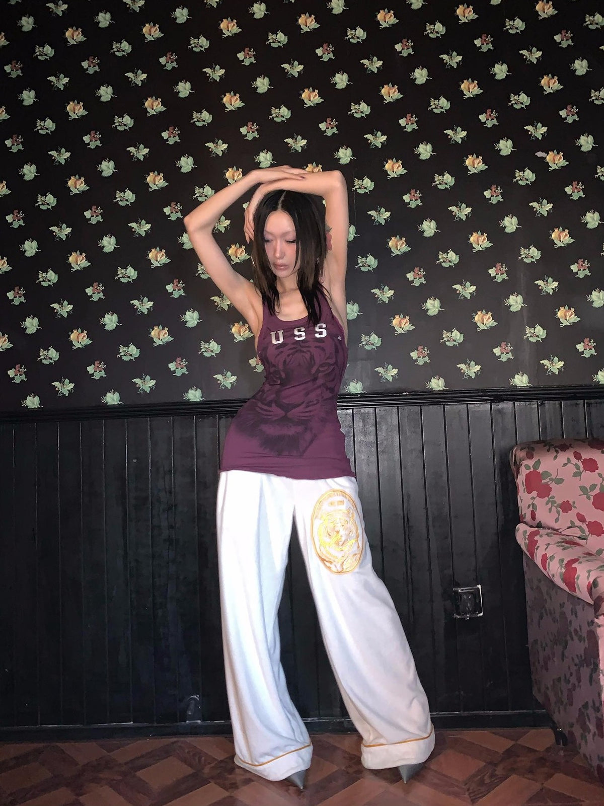 FOURFORTY Tiger Embroidered Terry Cloth Straight Leg Women's Cotton Blend Sweatpants