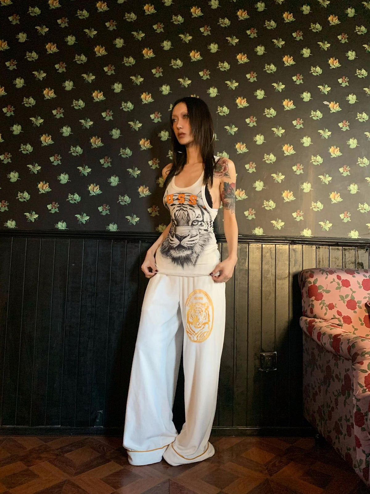 FOURFORTY Tiger Embroidered Terry Cloth Straight Leg Women's Cotton Blend Sweatpants