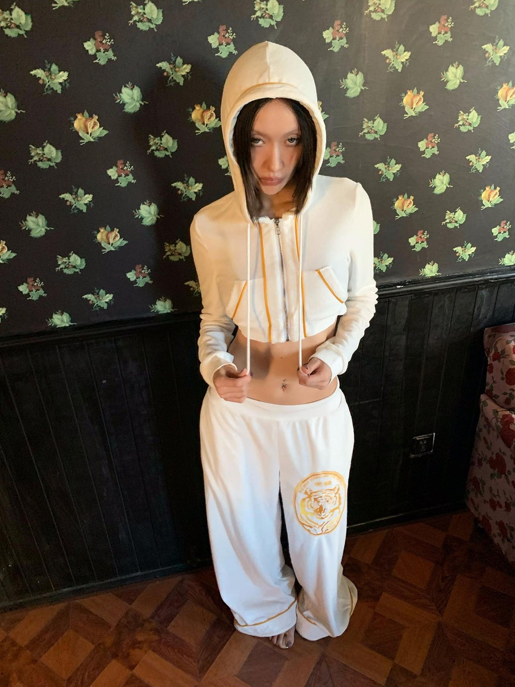 FOURFORTY Tiger Embroidered Terry Cloth Straight Leg Women's Cotton Blend Sweatpants