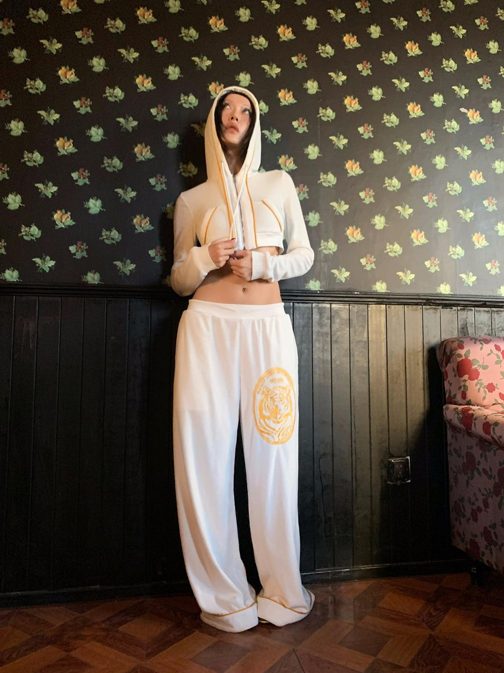 FOURFORTY Tiger Embroidered Terry Cloth Straight Leg Women's Cotton Blend Sweatpants