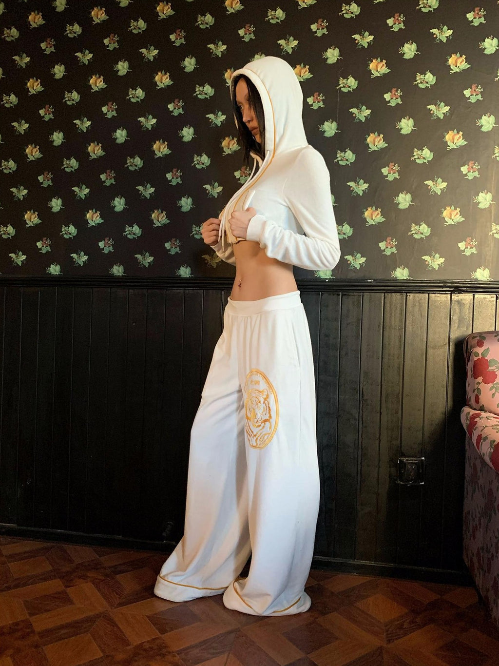 FOURFORTY Tiger Embroidered Terry Cloth Straight Leg Women's Cotton Blend Sweatpants