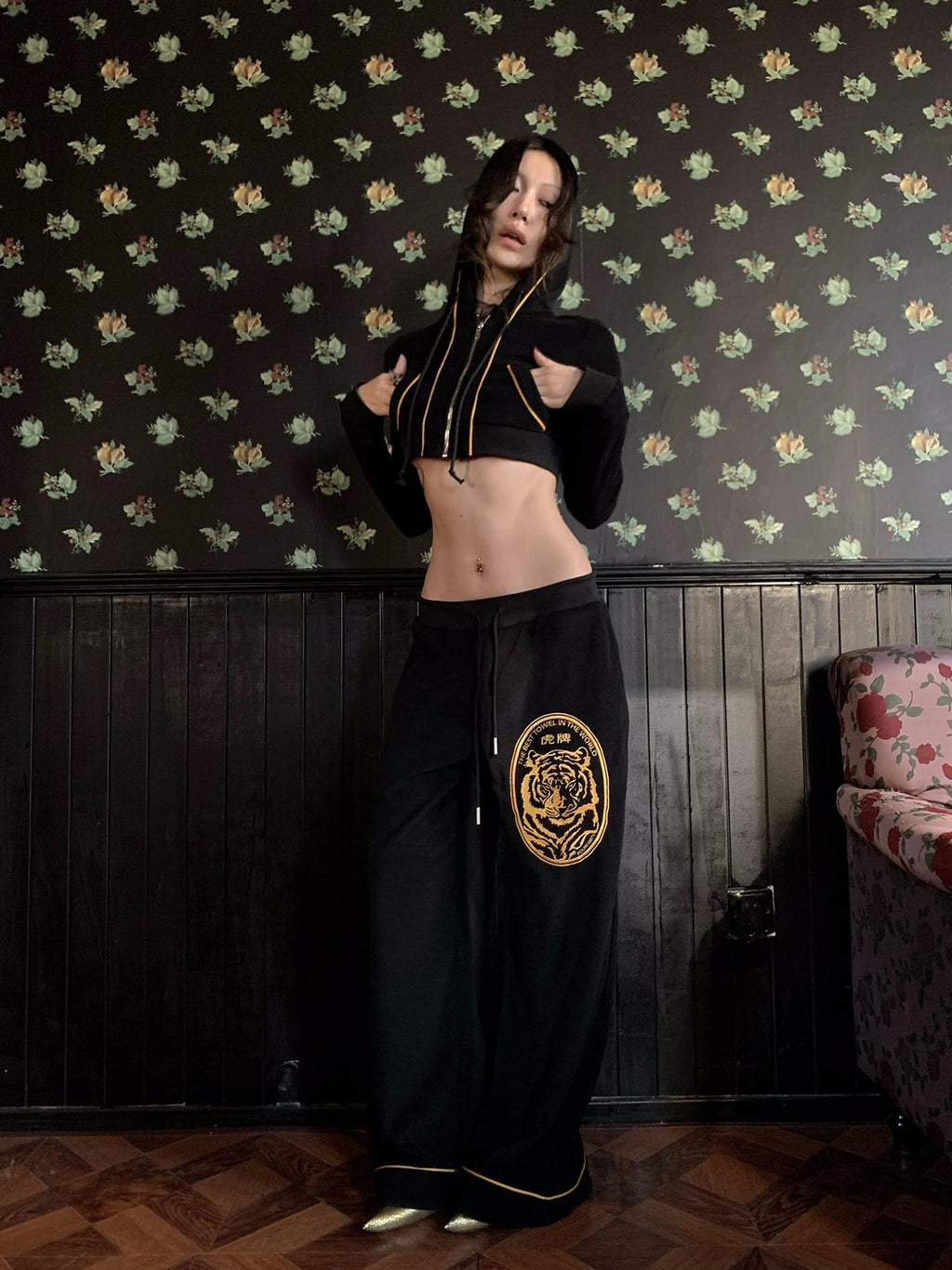 FOURFORTY Tiger Embroidered Terry Cloth Straight Leg Women's Cotton Blend Sweatpants
