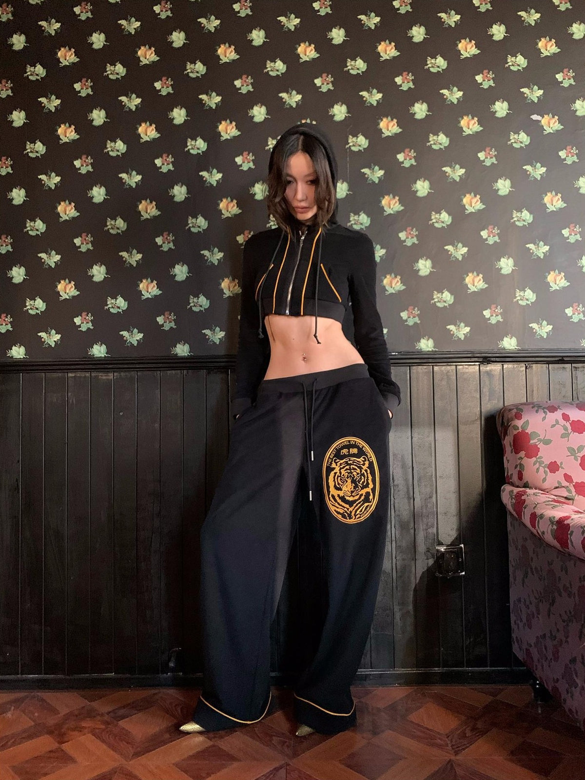 FOURFORTY Tiger Embroidered Terry Cloth Straight Leg Women's Cotton Blend Sweatpants