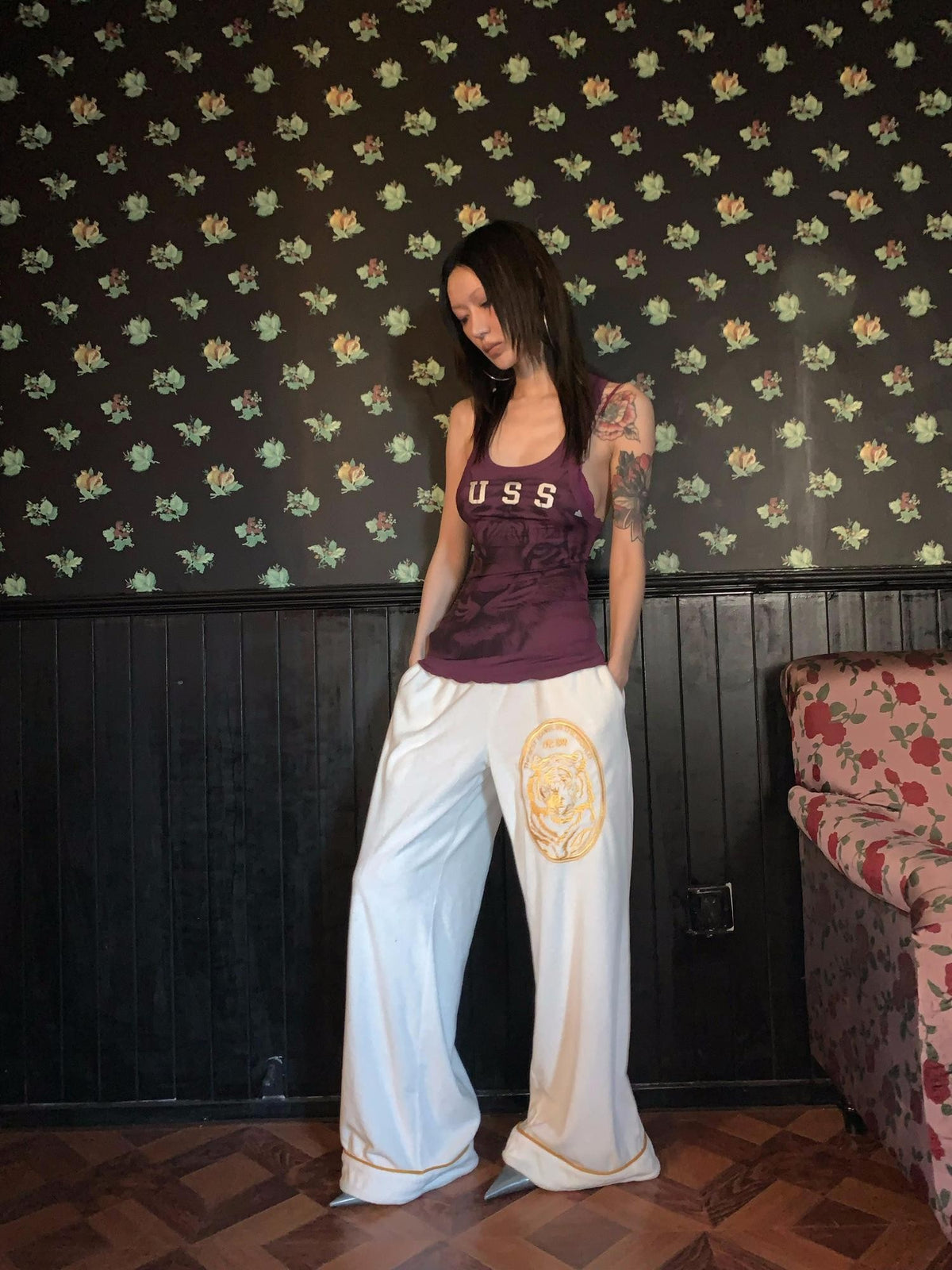 FOURFORTY Tiger Embroidered Terry Cloth Straight Leg Women's Cotton Blend Sweatpants