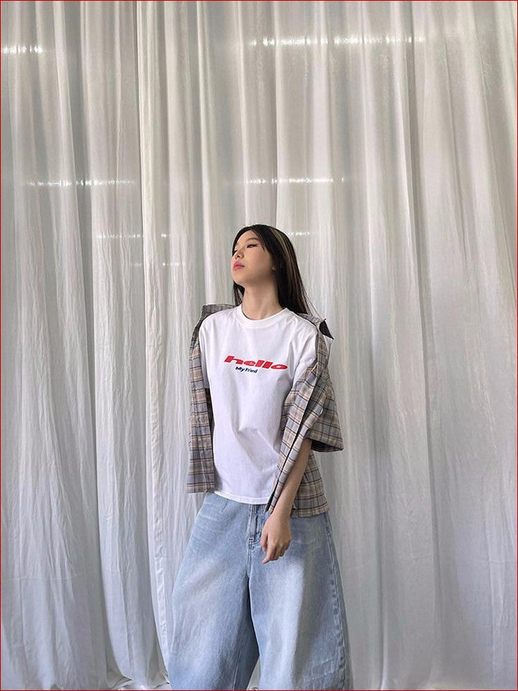 FOURFORTY Tricolor Letter Print Loose Fit Women's Cotton Blend Short Sleeve T-shirts
