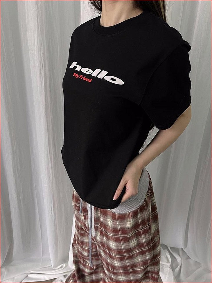 FOURFORTY Tricolor Letter Print Loose Fit Women's Cotton Blend Short Sleeve T-shirts