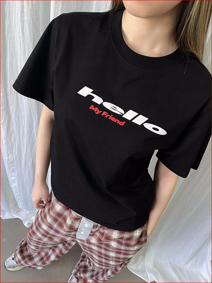 FOURFORTY Tricolor Letter Print Loose Fit Women's Cotton Blend Short Sleeve T-shirts