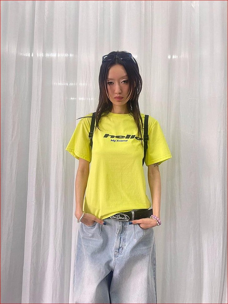 FOURFORTY Tricolor Letter Print Loose Fit Women's Cotton Blend Short Sleeve T-shirts