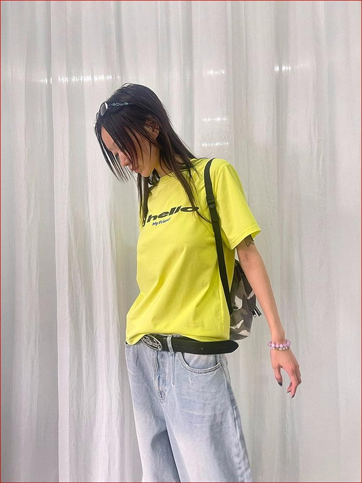 FOURFORTY Tricolor Letter Print Loose Fit Women's Cotton Blend Short Sleeve T-shirts