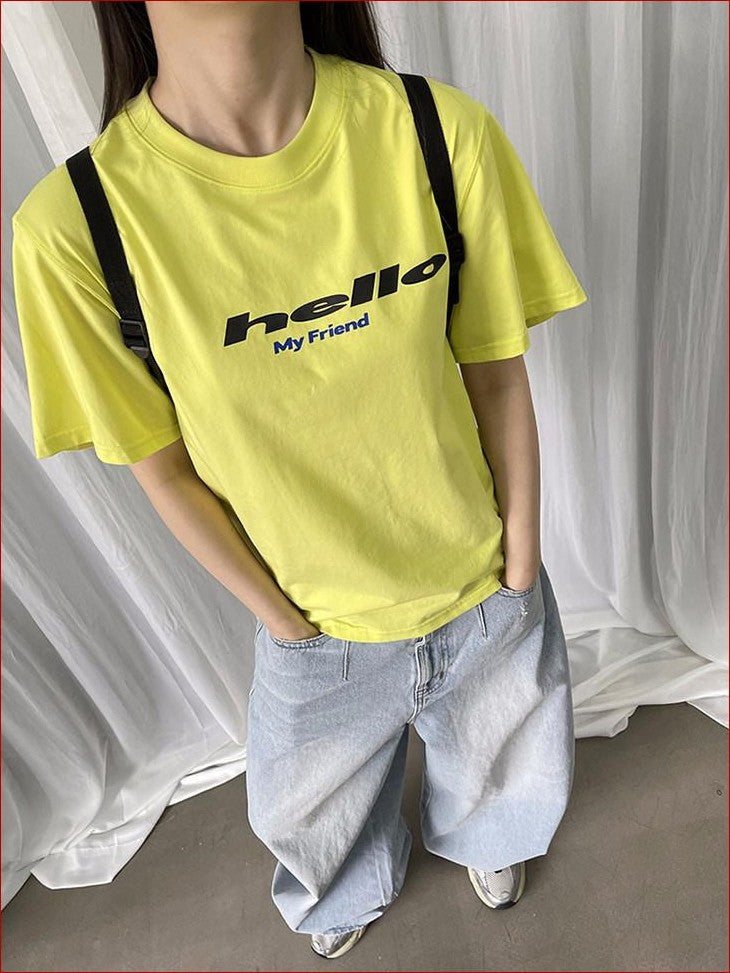 FOURFORTY Tricolor Letter Print Loose Fit Women's Cotton Blend Short Sleeve T-shirts