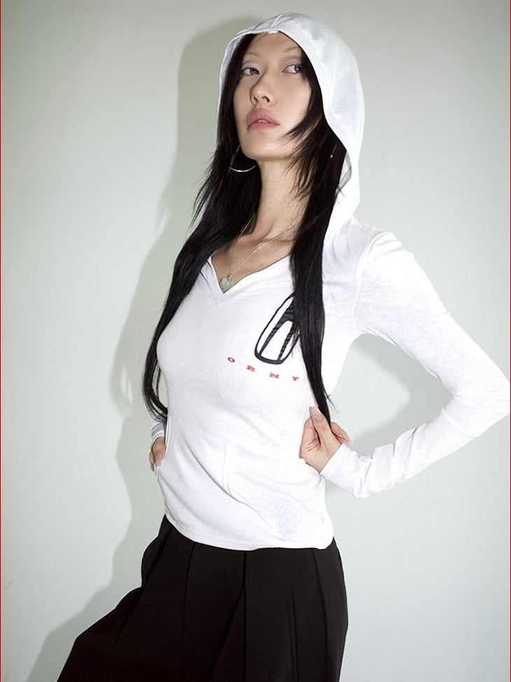 FOURFORTY V Hood Fitted Racing Print Women's Hooded Pullover Slim T-shirts