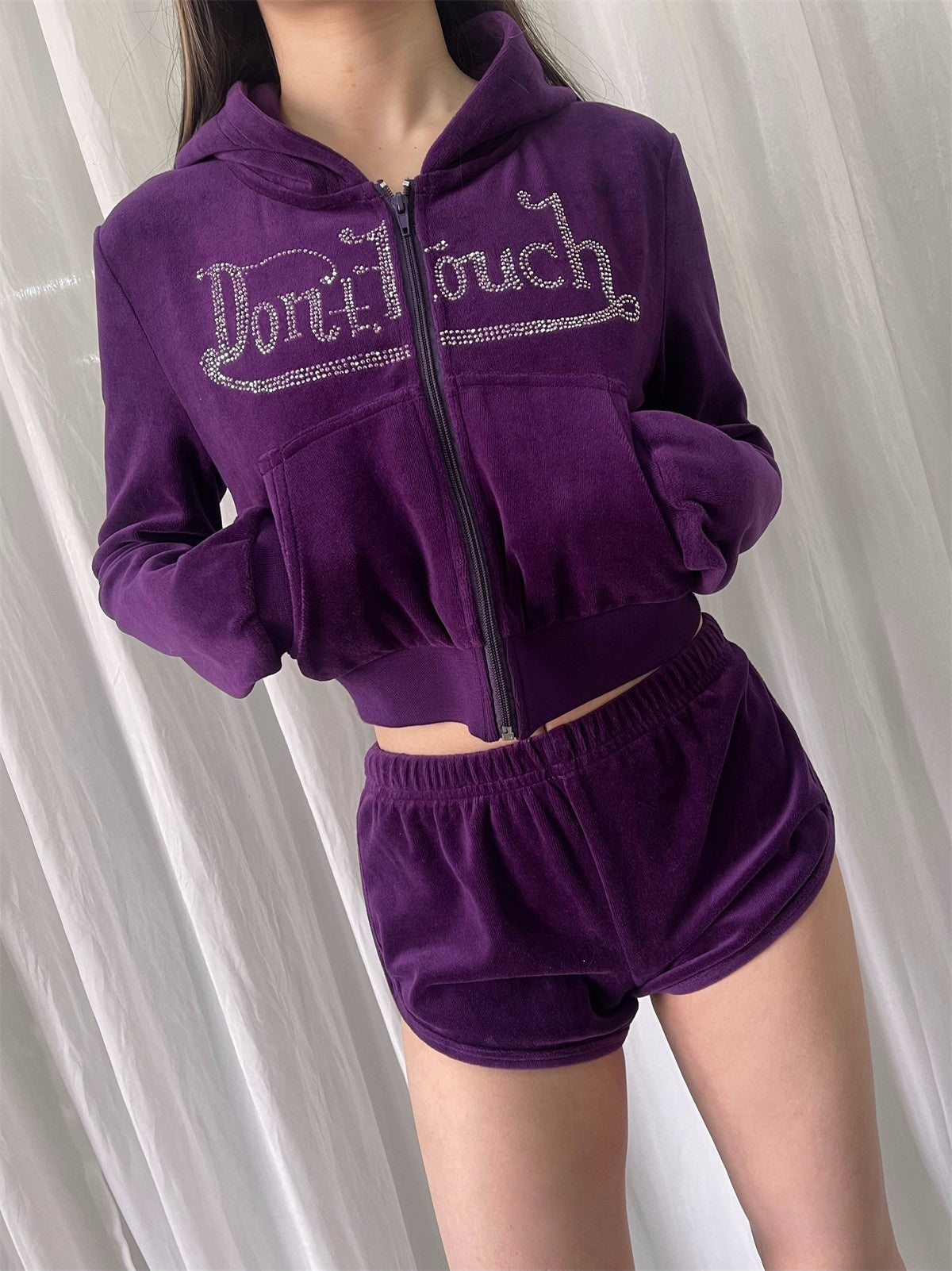 FOURFORTY_Velvet_Rhinestone_Lettering_Cropped_Slim_Women's_Cotton_Blend_Zip-up_Hoodies_782109381816_MISSTT