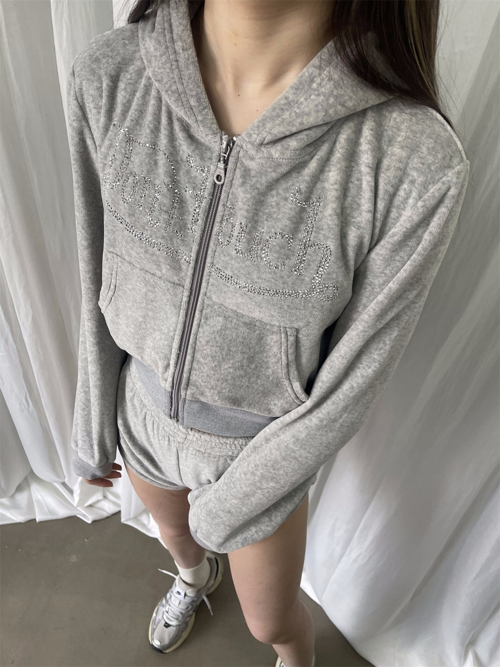 FOURFORTY_Velvet_Rhinestone_Lettering_Cropped_Slim_Women's_Cotton_Blend_Zip-up_Hoodies_782109381816_MISSTT