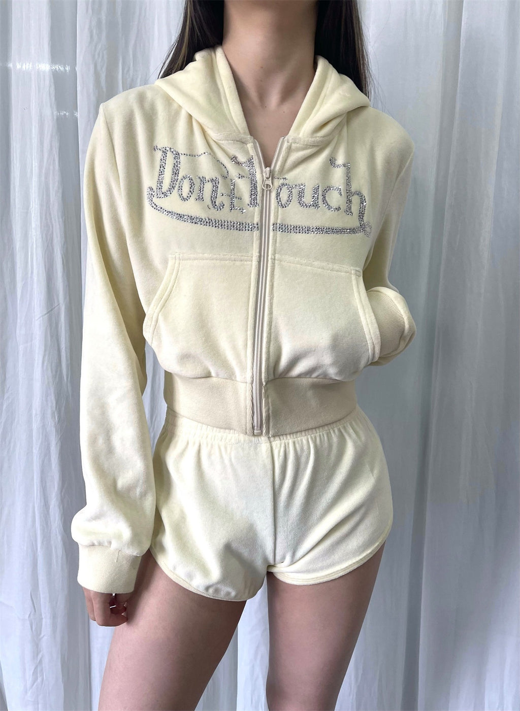 FOURFORTY_Velvet_Rhinestone_Lettering_Cropped_Slim_Women's_Cotton_Blend_Zip-up_Hoodies_782109381816_MISSTT