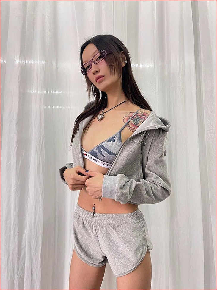 FOURFORTY Velvet Rhinestone Lettering Cropped Slim Women's Cotton Blend Zip-up Hoodies
