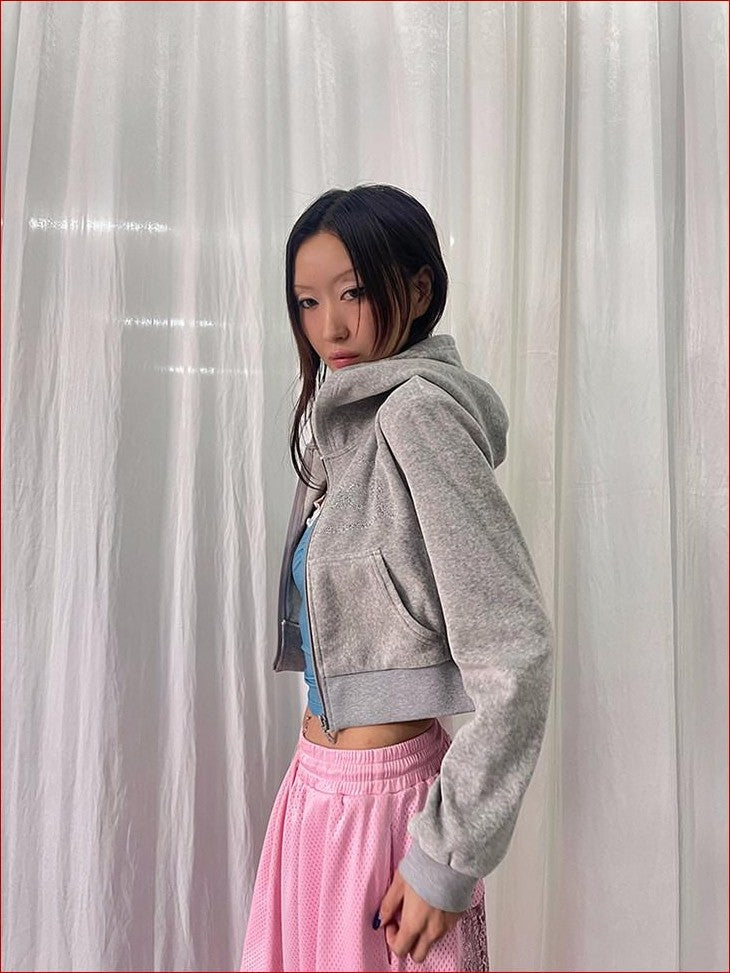 FOURFORTY Velvet Rhinestone Lettering Cropped Slim Women's Cotton Blend Zip-up Hoodies