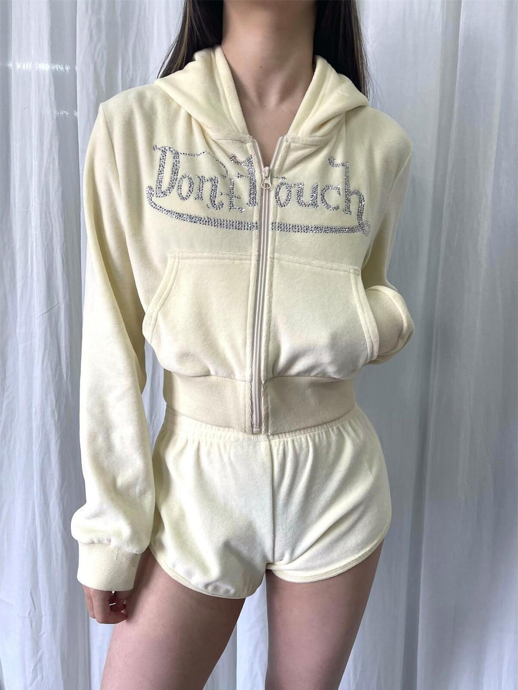 FOURFORTY Velvet Rhinestone Lettering Cropped Slim Women's Cotton Blend Zip-up Hoodies