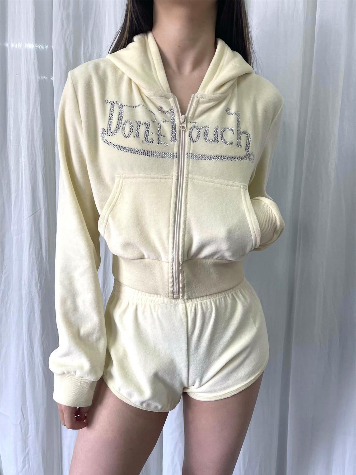 FOURFORTY Velvet Rhinestone Lettering Cropped Slim Women's Cotton Blend Zip-up Hoodies