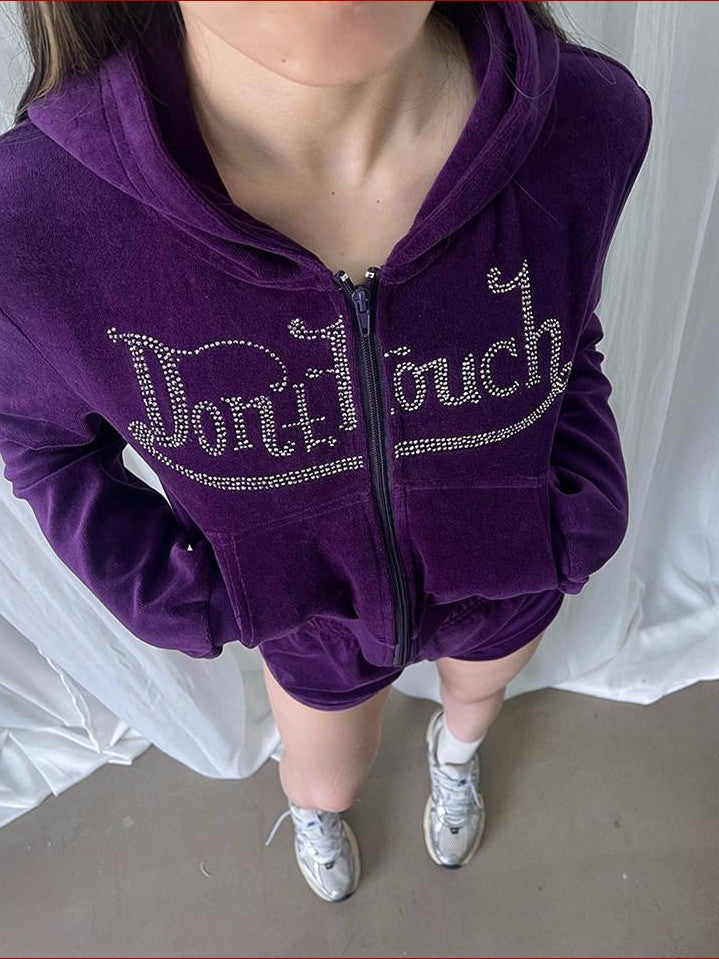FOURFORTY Velvet Rhinestone Lettering Cropped Slim Women's Cotton Blend Zip-up Hoodies