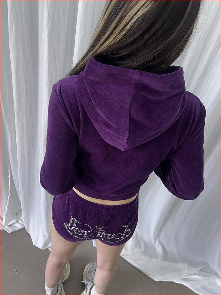 FOURFORTY Velvet Rhinestone Lettering Cropped Slim Women's Cotton Blend Zip-up Hoodies