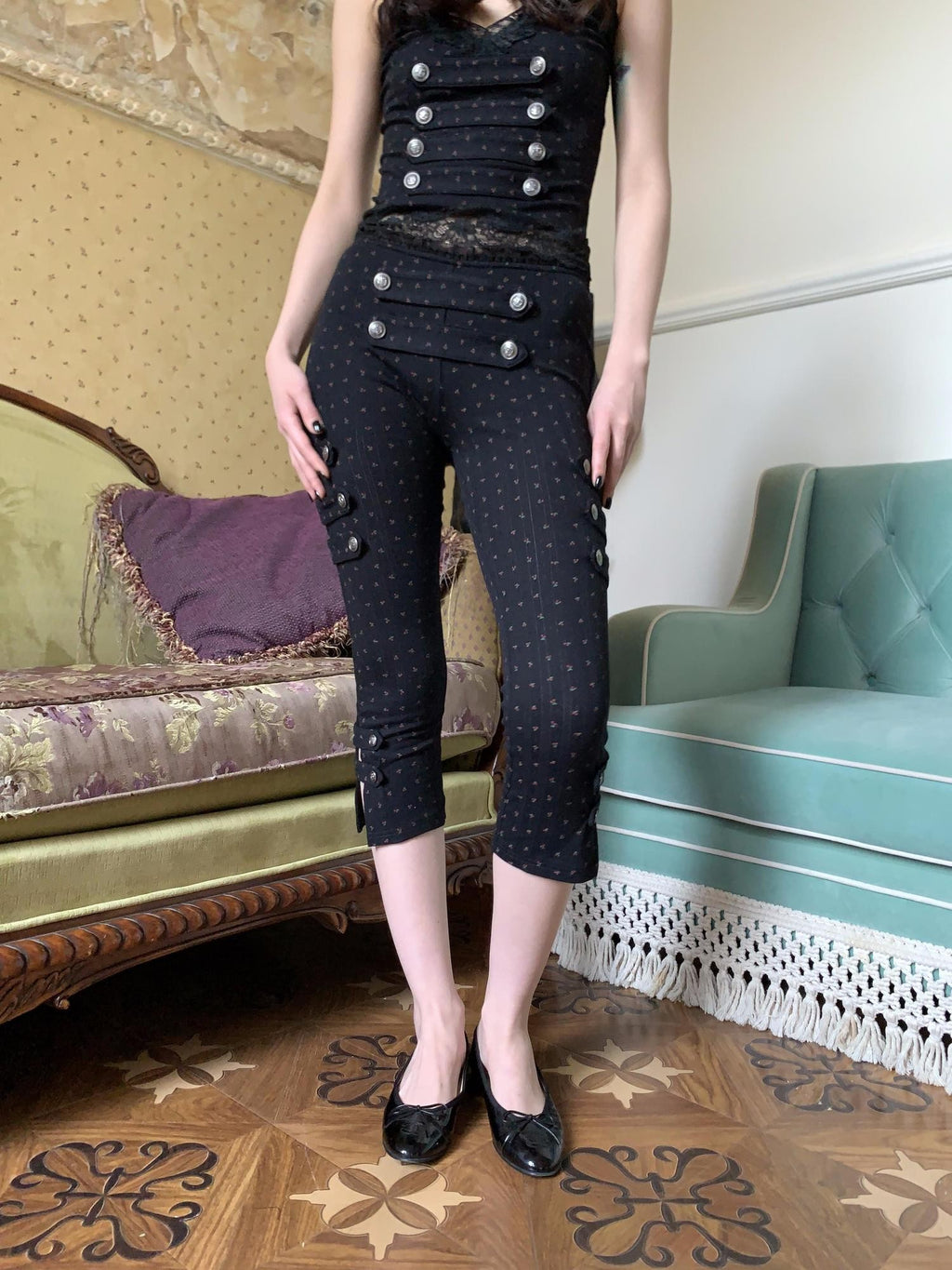 FOURFORTY Vintage Floral Lace Natural Waist Women's Cotton Blend Cropped Pants