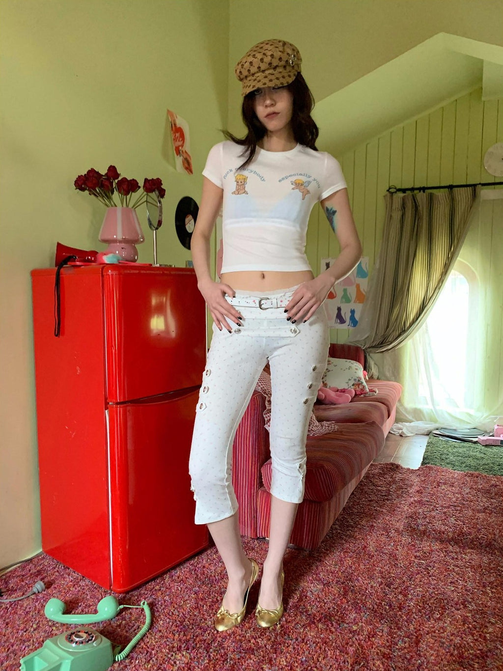 FOURFORTY Vintage Floral Lace Natural Waist Women's Cotton Blend Cropped Pants