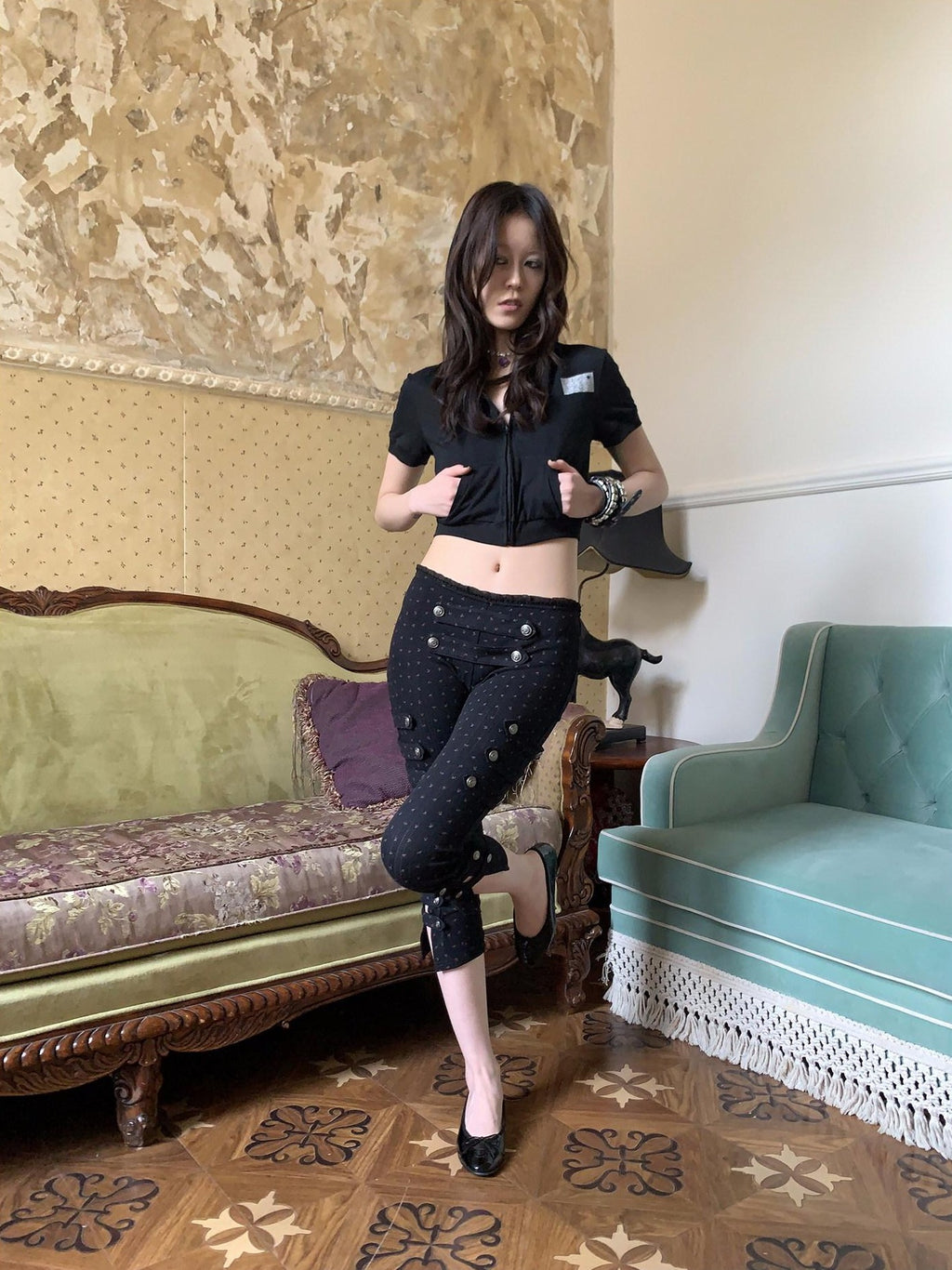 FOURFORTY Vintage Floral Lace Natural Waist Women's Cotton Blend Cropped Pants