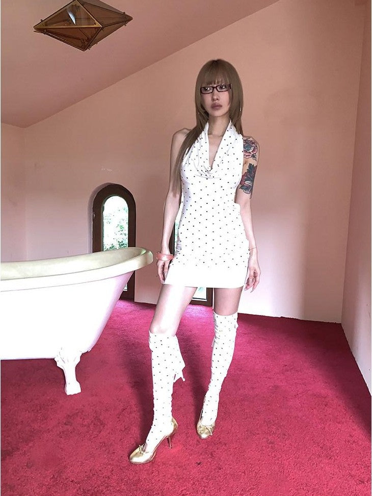 FOURFORTY Vintage Polka Dot Backless Cowl Neck Women's Bodycon Mini Dresses