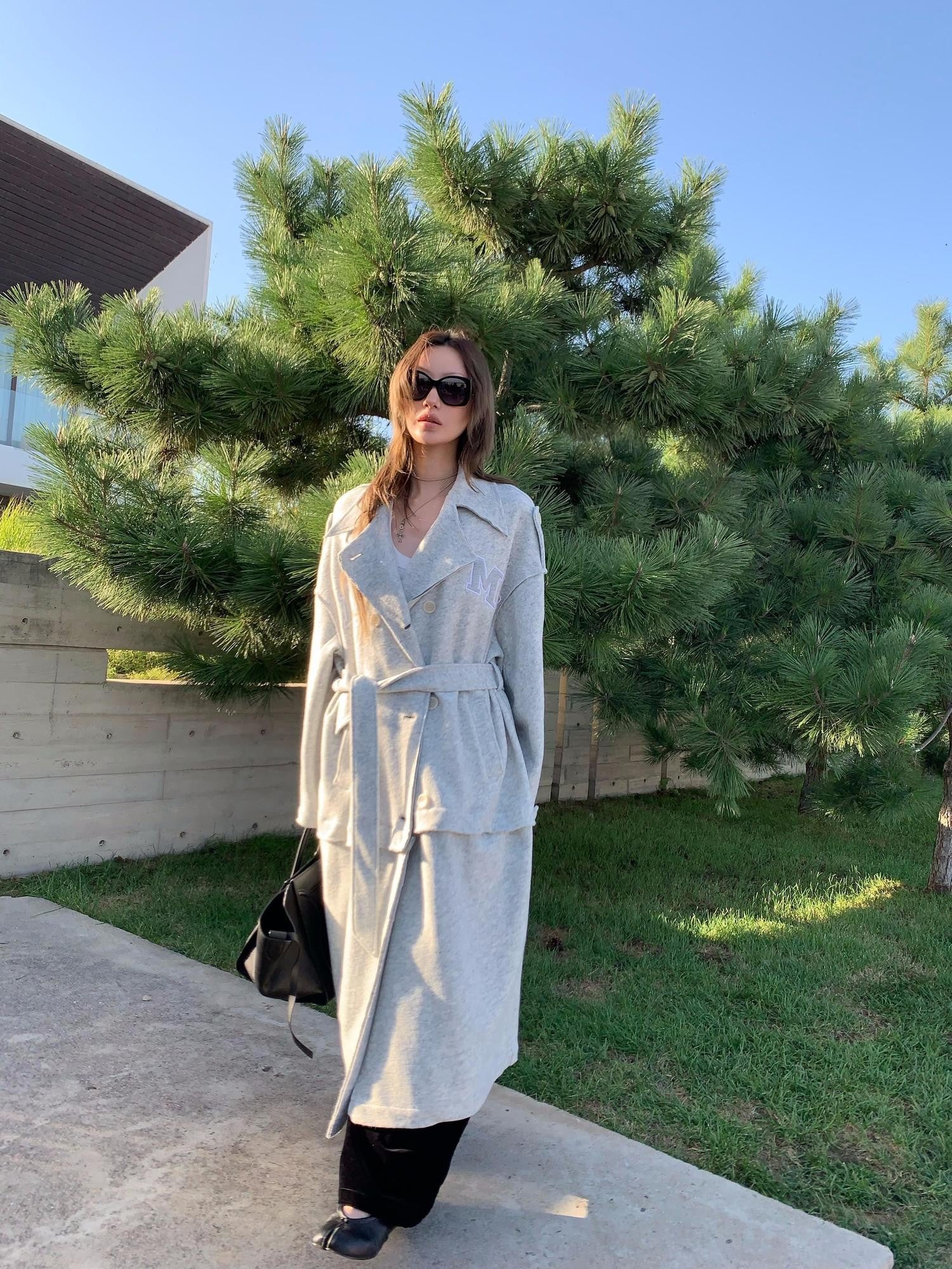 FOURFORTY Warm Gray West Coast Old Money Woollike Convertible Women's Trench Coats
