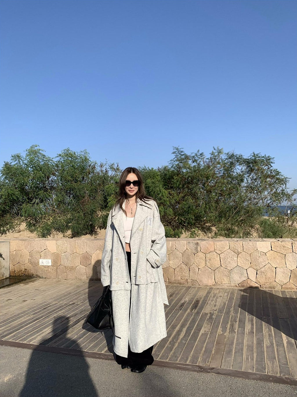 FOURFORTY Warm Gray West Coast Old Money Woollike Convertible Women's Trench Coats