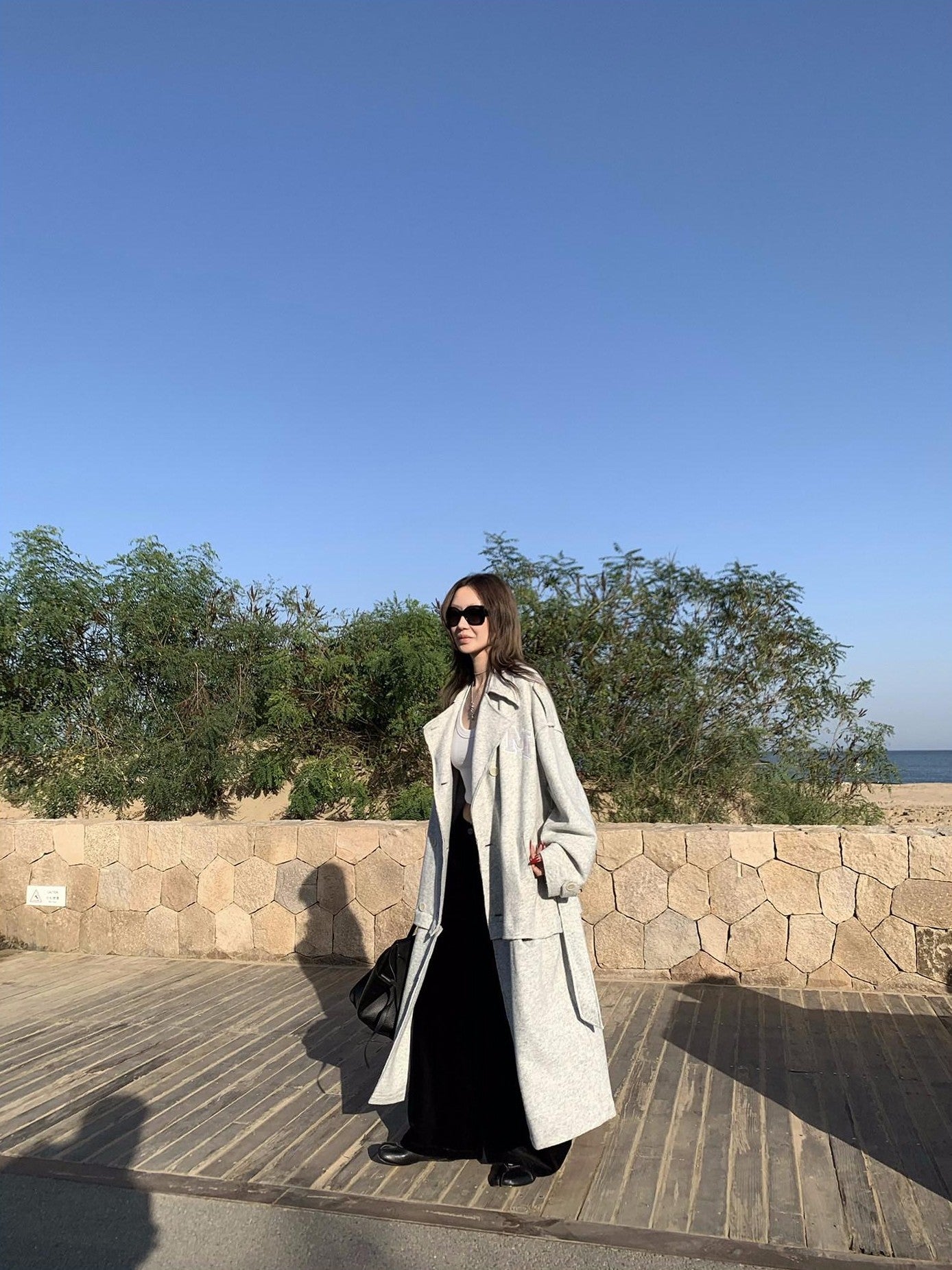 FOURFORTY Warm Gray West Coast Old Money Woollike Convertible Women's Trench Coats