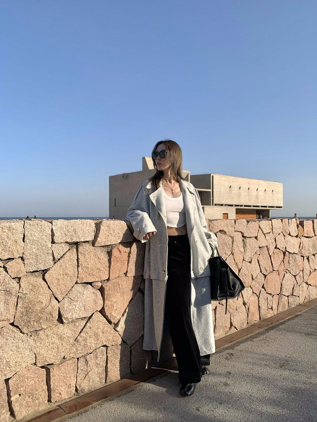FOURFORTY Warm Gray West Coast Old Money Woollike Convertible Women's Trench Coats