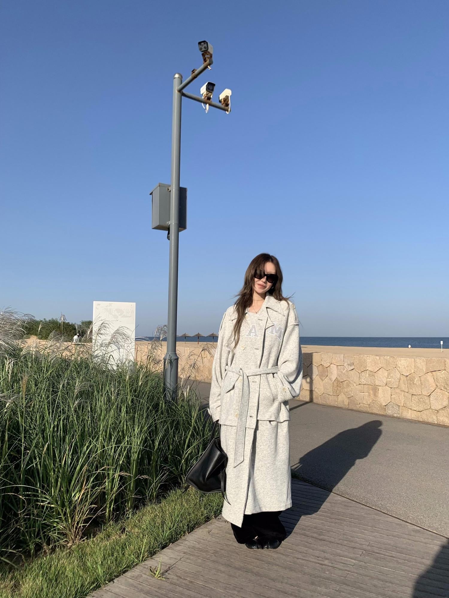 FOURFORTY Warm Gray West Coast Old Money Woollike Convertible Women's Trench Coats