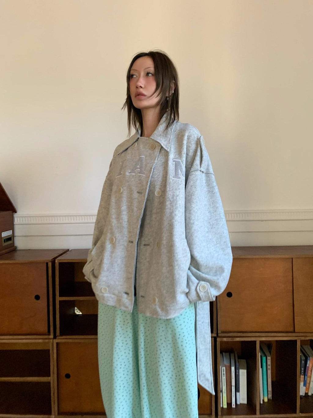 FOURFORTY Warm Gray West Coast Old Money Woollike Convertible Women's Trench Coats