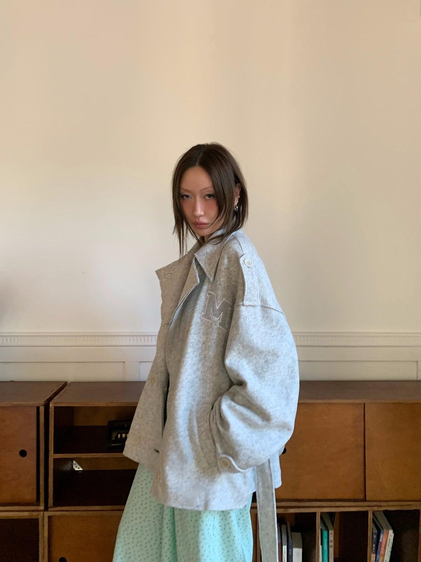 FOURFORTY Warm Gray West Coast Old Money Woollike Convertible Women's Trench Coats
