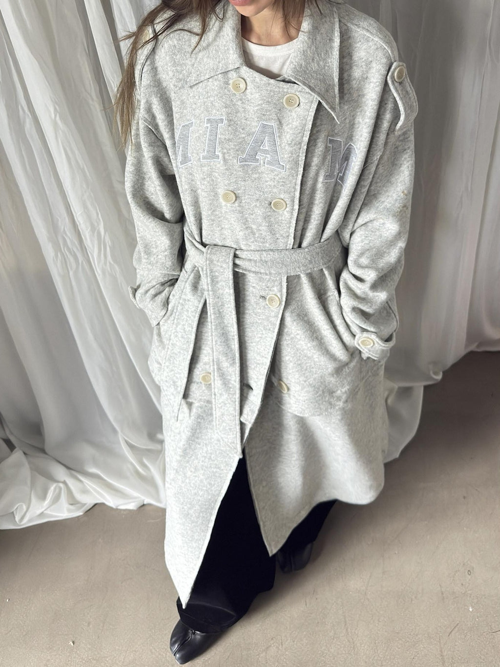 FOURFORTY Warm Gray West Coast Old Money Woollike Convertible Women's Trench Coats