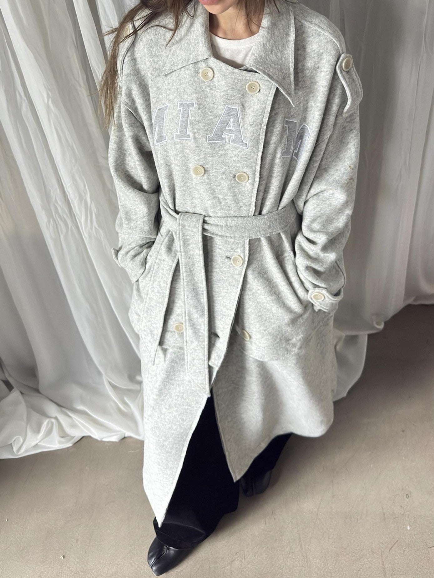 FOURFORTY Warm Gray West Coast Old Money Woollike Convertible Women's Trench Coats
