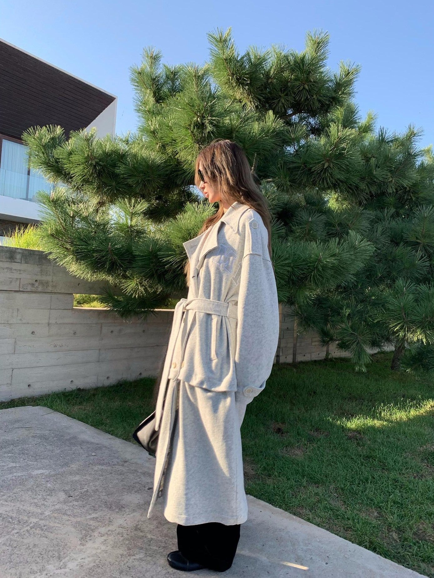 FOURFORTY Warm Gray West Coast Old Money Woollike Convertible Women's Trench Coats